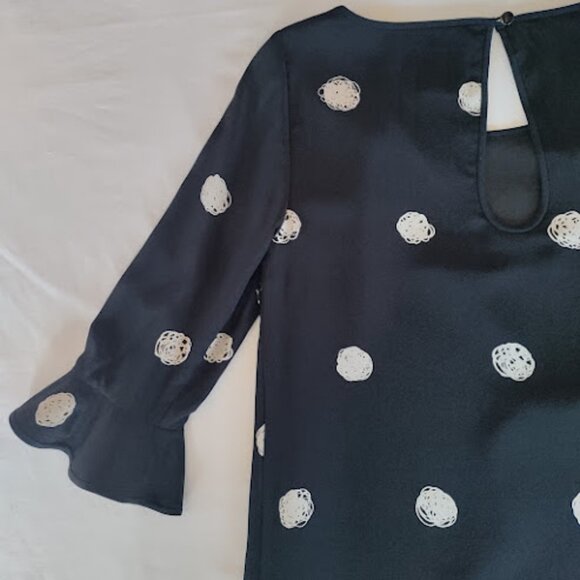 KATE SPADE Silk Polka Dot Black + Cream Shift Dress 3/4 Bell Sleeve Mod Retro 2 - Picture 7 of 15